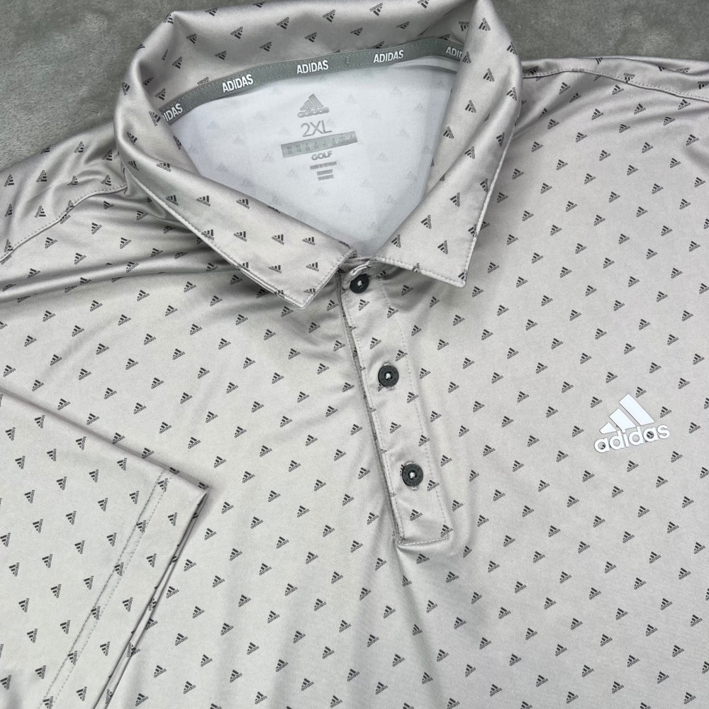 Adidas Golf Polo Shirt Mens 2XL Gray Adi All Over Logo Print Performance Stretch